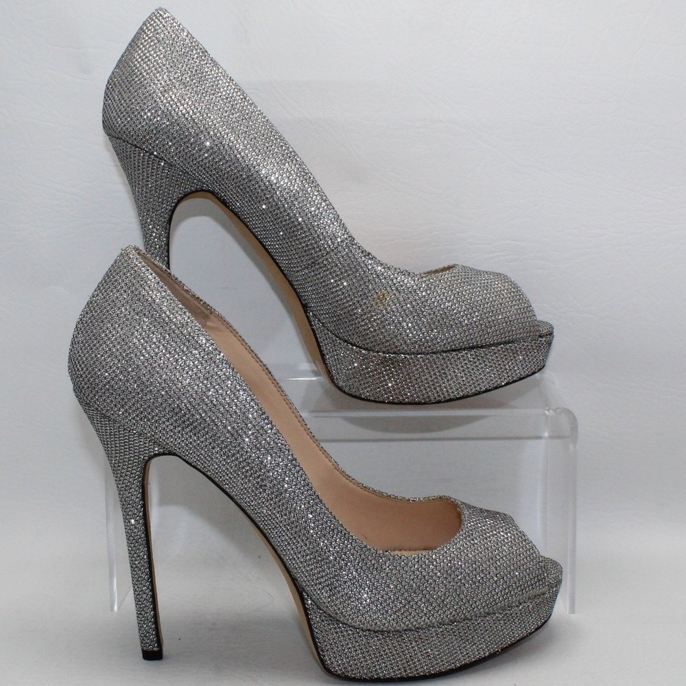 Vince‎ Camuto Lorim Silver Shimmer Peep Toe Platform Pump Heels VC-LORIM 7.5M